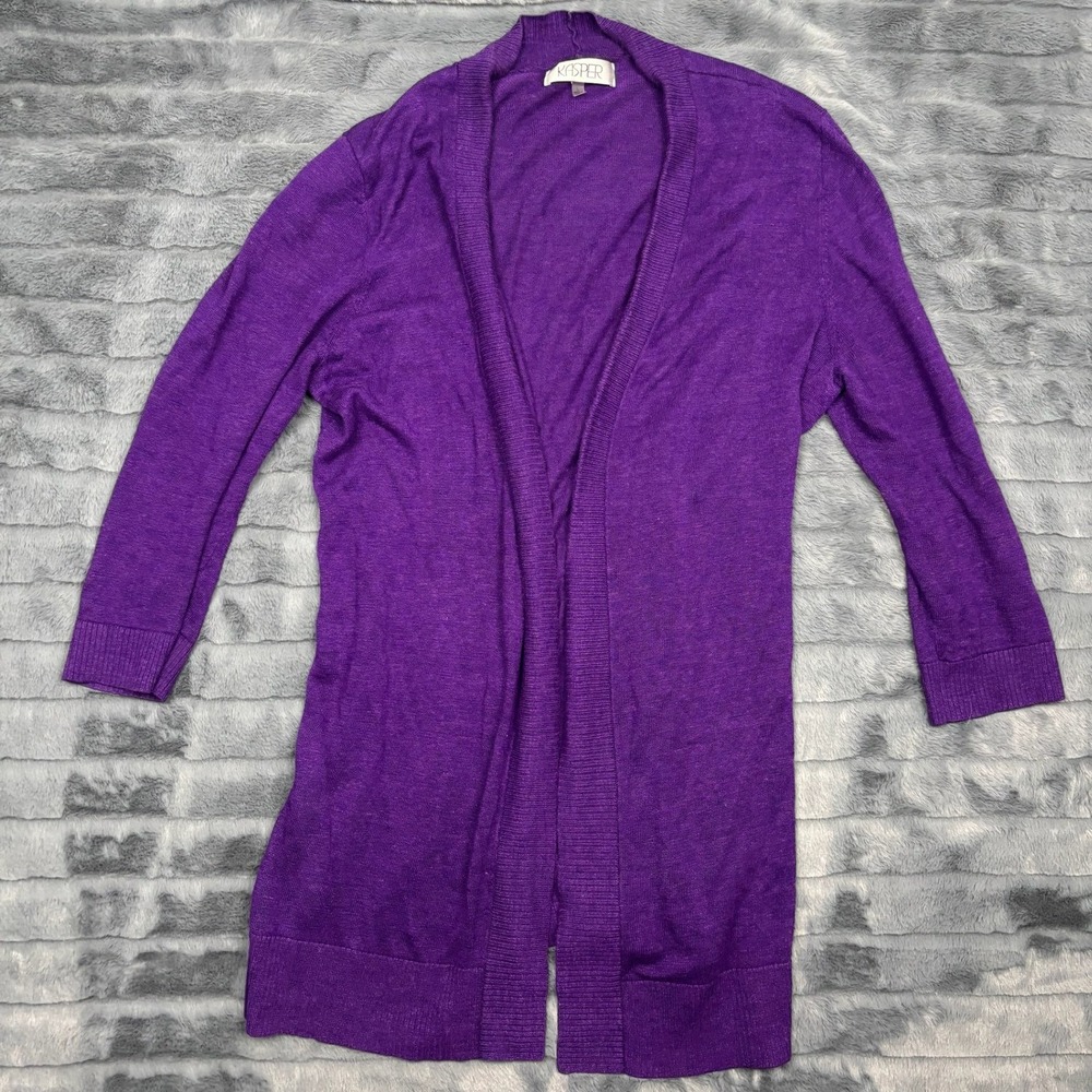 Kasper Womens Purple Open Front Longline Cardigan Sweater Size L 3/4 Sleeve